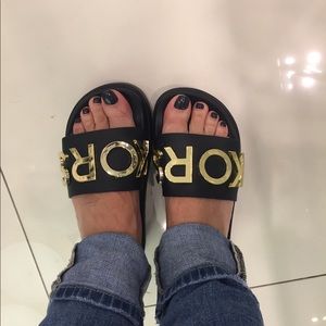 MIchael Kors logo slides black with gold Letters